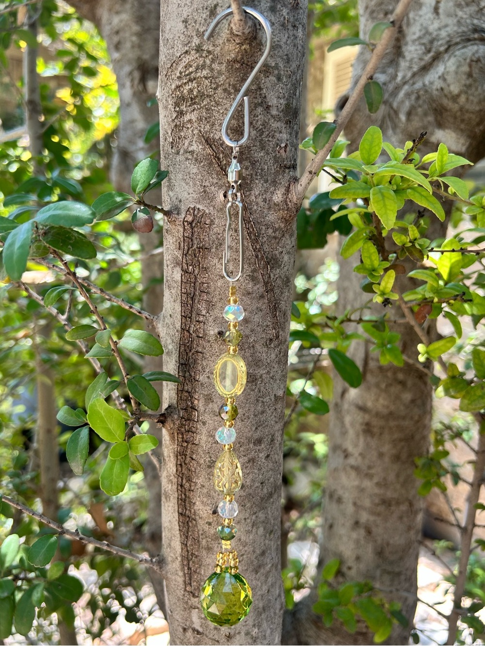 9” peridot green prism crystal beaded small suncatcher sun charm decor